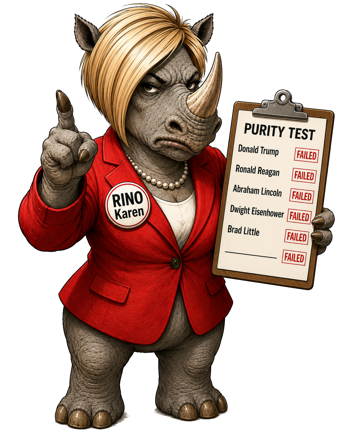 RINO Karen holding a purity test clipboard
